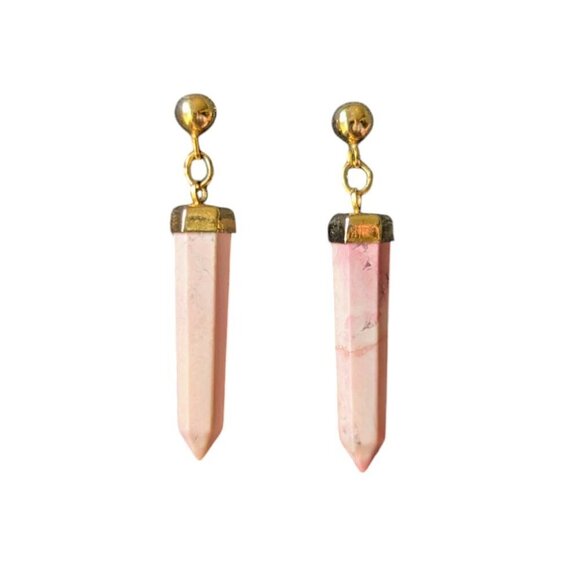 Tumbled Pink Rose Quartz Crystal Dangle Earring Pointed Posts Gold Boho Gemstone - Picture 2 of 3